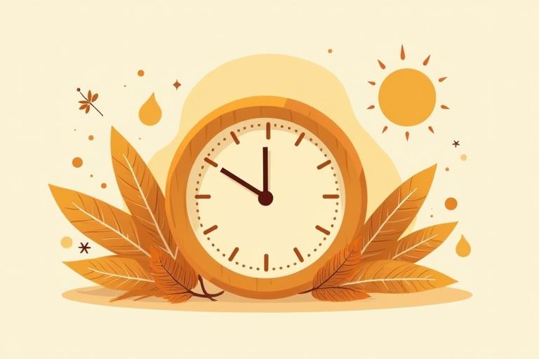Flat vector illustration of a wooden clock surrounded by organic elements including leaves sun and water droplets. Softer saffron and ivory tones dominate the design. Eco-Friendly badge is included in marigold.