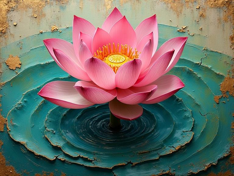Ultra-hyperrealistic digital render of a lotus flower emerging from cracked depths of layered oil and pigment. Each petal has sculpted strokes of rose, magenta, and alabaster against aged, moss-hued waters with heavy ripples. The flower floats on swirling turquoise and jade, flecked with gold and bronze. The stem is gnarled and contorted with earthen greens and weathered ochre. Cracked pigment radiates from the bloom. Captures the fleeting purity of the lotus in divine decay.