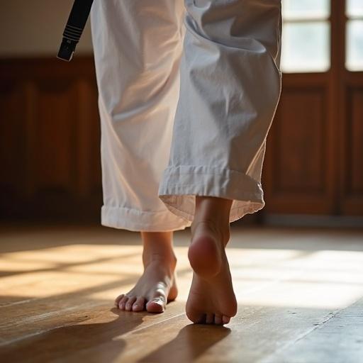 Female karate fighter walks barefoot on wooden dojo floor. Light streams through windows. Focus on feet. Wooden floor shines softly under light.