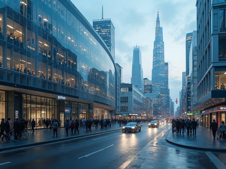 A picture depicting a vibrant city street with modern architecture at twilight. Buildings reflect urban design principles. People move about the area. Cars travel down the road. The skyline is marked by a tall tower.