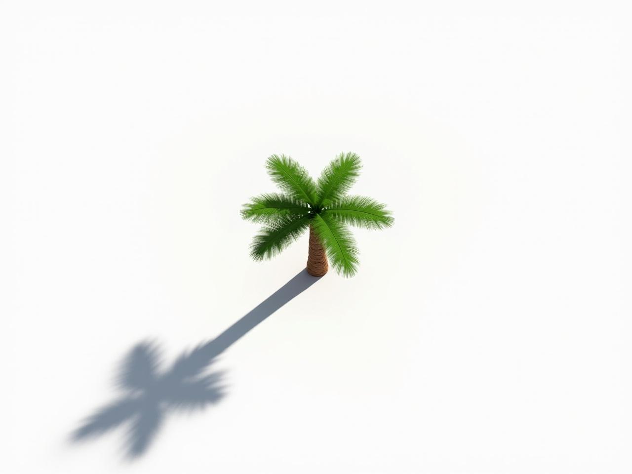 This image features a minimalist design with a white background and a single palm tree. The tree has lush green leaves and a textured brown trunk, standing prominently in the center. There is a bright light source positioned directly above the tree, enhancing the overall brightness of the scene. This setup creates a sharp and long shadow that extends outward from the trunk, adding depth to the composition. The contrast between the palm and the white background emphasizes the simplicity and elegance of the design.