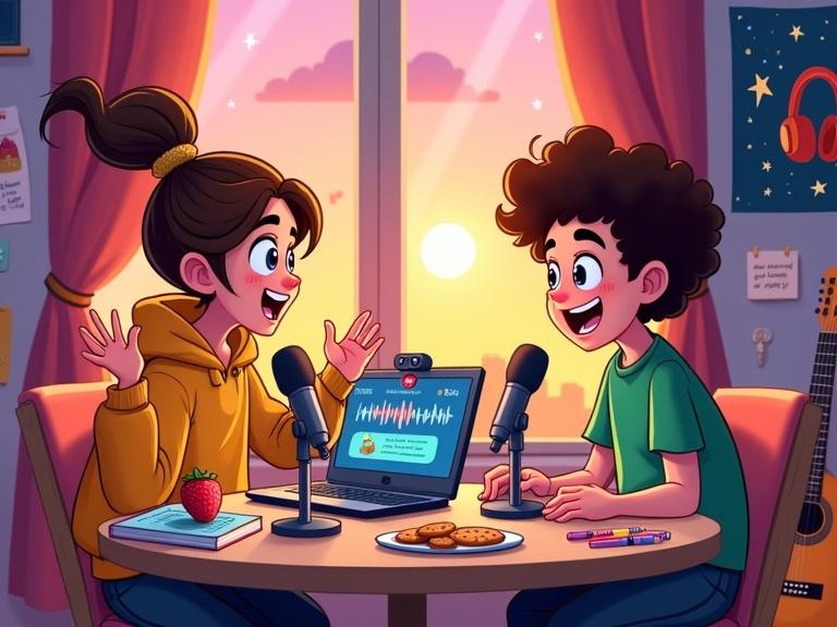 A lively cartoon-style bedroom scene features two energetic teenagers recording a podcast. The girl has a double ponytail and wears a yellow hoodie. The boy has curly hair and wears a green T-shirt. They face a small webcam and a laptop displaying an audio waveform. The desk holds microphones, notebooks, markers, juice, and cookies. Headphones hang nearby. The background shows colorful wall decorations and a guitar. Warm sunset light streams through curtains, creating a playful atmosphere.