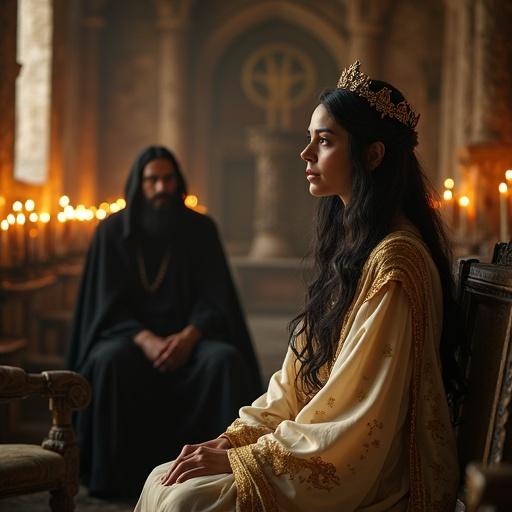 Young retired wizard in a mystical ancient chamber with candlelight. He wears a long dark cloak. Beside him is Ishtar the goddess in a flowing robe embroidered with golden lions. Her skin glows perfectly. She has long black hair with golden ornaments and wise eyes. The atmosphere is magical and emotional. The image is high resolution and photorealistic.