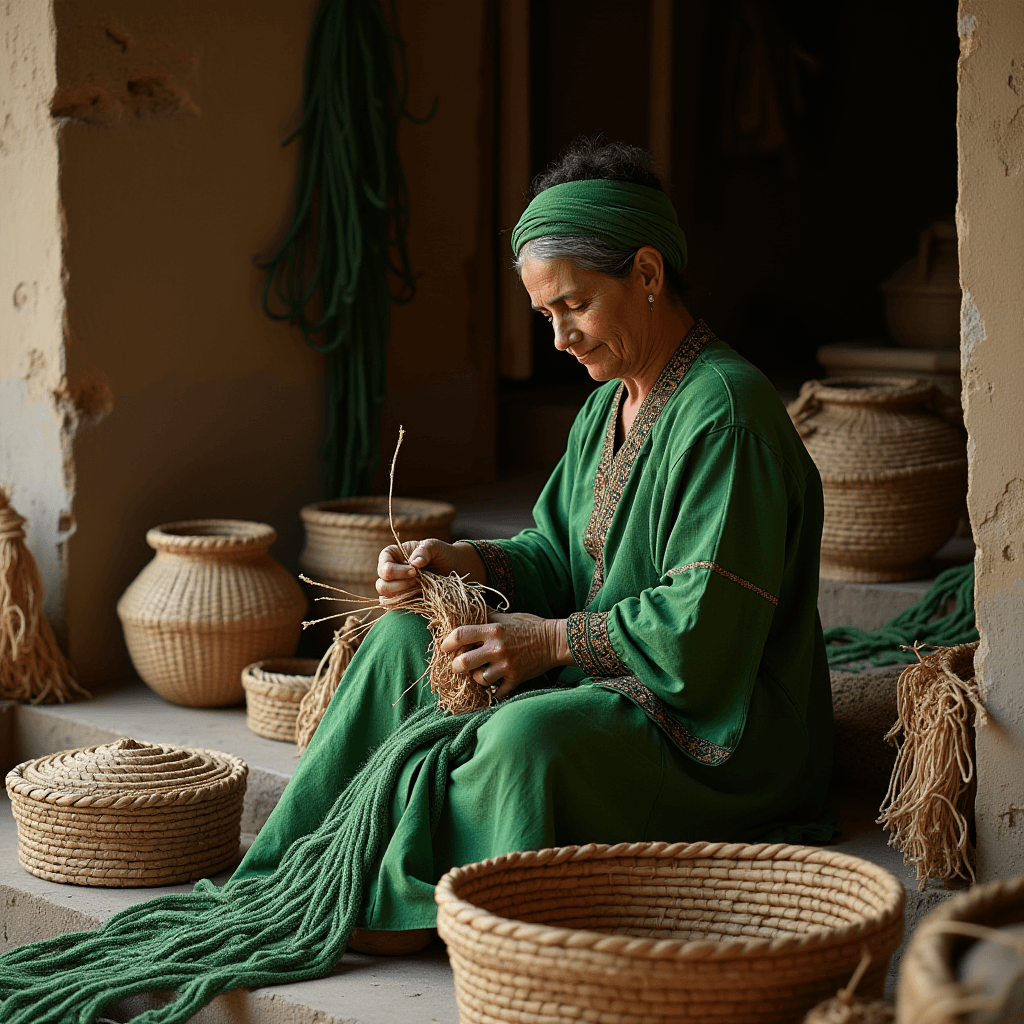 A woman is skillfully weaving baskets in a tranquil setting, surrounded by her handmade creations.