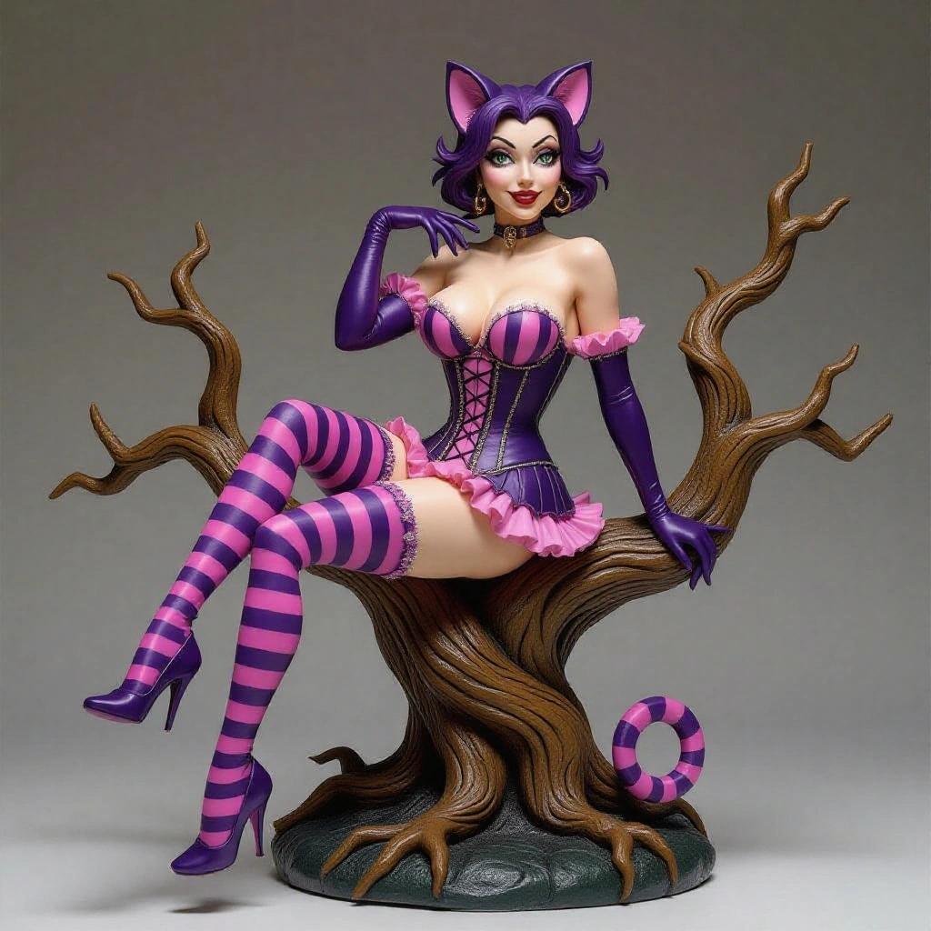 Highly detailed resin sculpture of a sexy feline woman inspired by the Cheshire Cat. She sits on a branch of a twisted tree. One leg is stretched out, the other crossed. Her posture is feline and relaxed. She wears a purple and pink striped corset and thigh-highs. Her fluffy striped tail curls around the tree. She has cat ears and a playful expression. Her hair is purple and voluminous. The base is circular with tree structure. Include decorative details like cards or mushrooms. Overall style is sexy, elegant, magical, and fun.