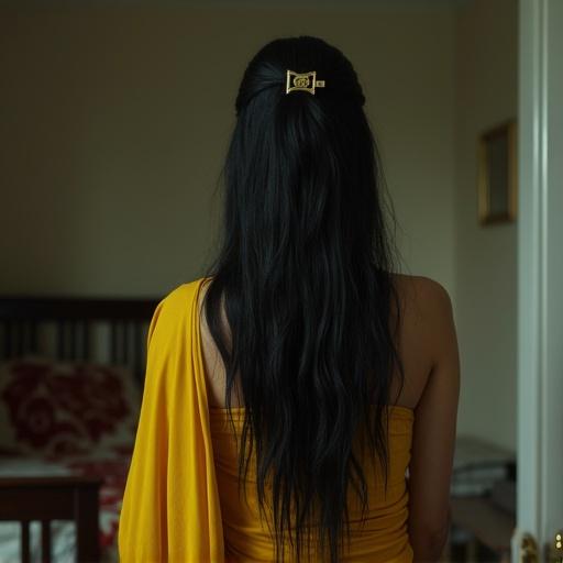 Realistic woman with long jet black hair wearing a hair claw clip. She is dressed in a yellow saree. The setting is a dimly lit bedroom featuring an old man in the background.