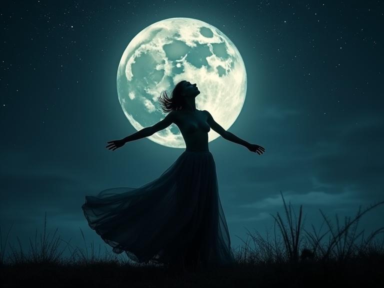 A silhouette of a nude woman dances against a night sky. A full moon illuminates the scene. The setting is enchanting and magical. The atmosphere evokes beauty and creativity. Emphasis on sharpness and detail.