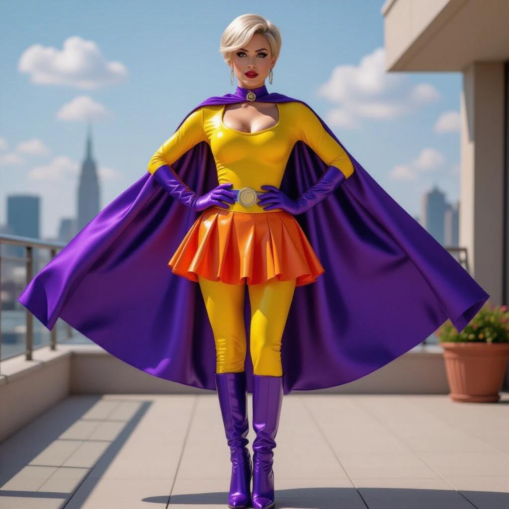 Superheroine with heavy makeup stands in a striking pose. She wears a yellow latex bodysuit with a chest cutout. Long metallic purple gloves and high-heeled boots complete the outfit. A purple cape flows behind her. An orange pleated micro skirt adds flair. She levitates elegantly above a terrace, feet off the ground, with a city skyline in the background.
