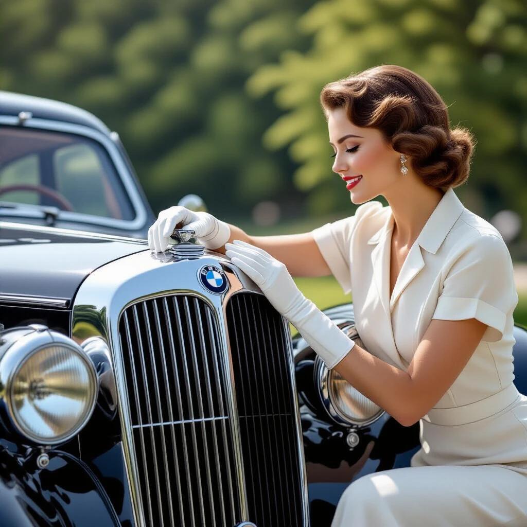 A woman in a silk blouse wears crisp white gloves while touching a BMW emblem on a 1936 BMW 328 Roadster. The scene captures golden hour lighting and the elegance of classic automobiles. Her expression shows pride as she admires the car.