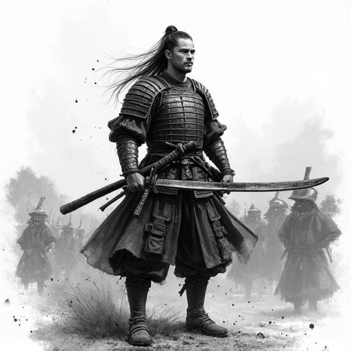 Foot soldier from Sengoku period in traditional ink wash style. Brave and commanding posture, expressive face shows determination. Brush strokes with texture and splashes typical of sumi-e. Blurred background suggests battlefield enhancing depth. Rendered in black and white emphasizing historical gravity.