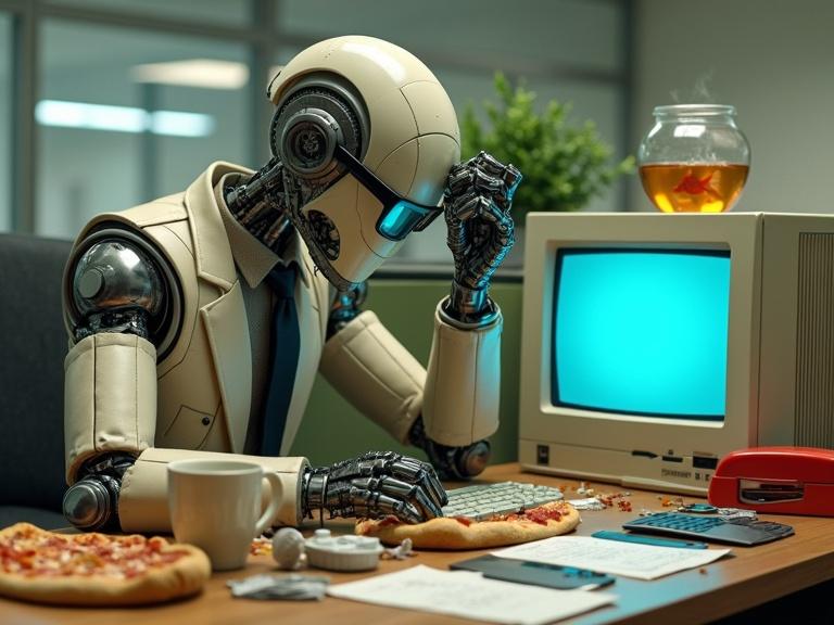 Robot working in an office. Wearing oversized suit and eyeglasses. Hunched over a 1990s desktop PC. Desk cluttered with pizza, soda cans, floppy disks. Fishbowl on monitor. Robot showing despair. Wilting plant in cubicle. Harsh fluorescent lighting.