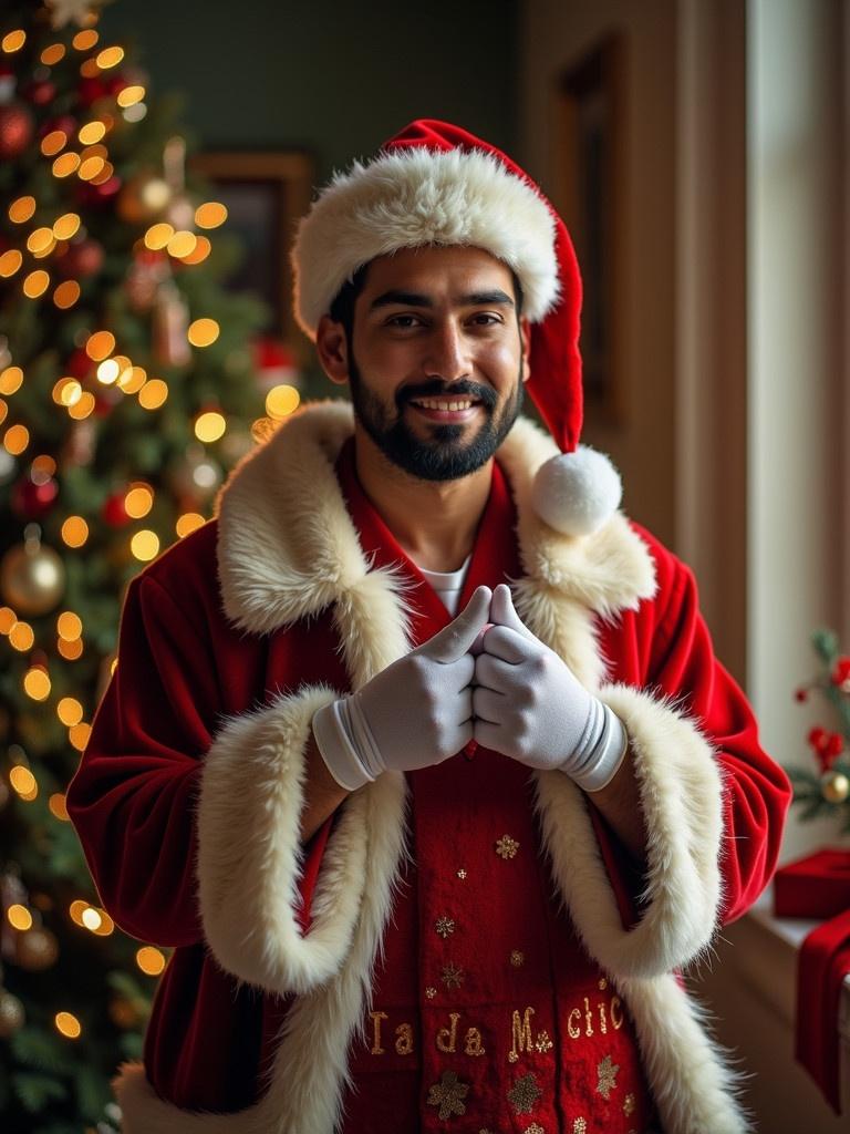 Person dressed in a Santa costume with gloves in front of a Christmas tree. Warm festive atmosphere. Season's greetings message included.