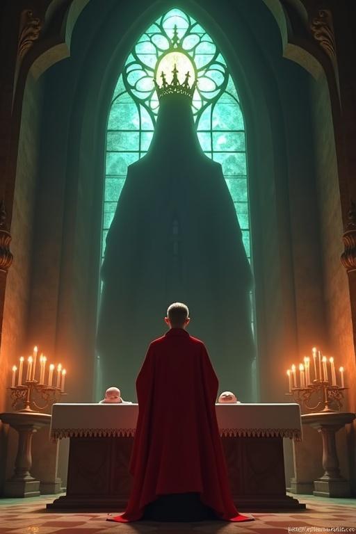 Scene depicts a vivid flashback in a chapel with cracked stained glass. A priest in a red robe recoils from an altar. An enormous shadow of a crowned infant looms behind. Candles extinguish while the chapel darkens. Enchanted forest outside fades into blackness.