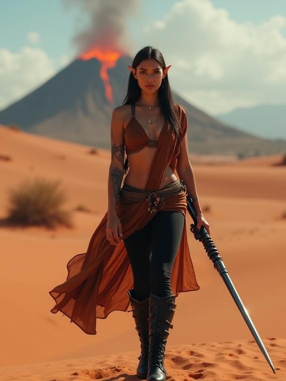 Beautiful full-body Latina woman with bluish tattoos and pointy ears. She wears a semi-transparent tunic, black pants, and boots. In her hands, a galactic weapon. Ultra-wide angle lens captures her confident expression and soft natural light. Reddish sand dune with an active volcano in desert background. Dramatic cinematic atmosphere.