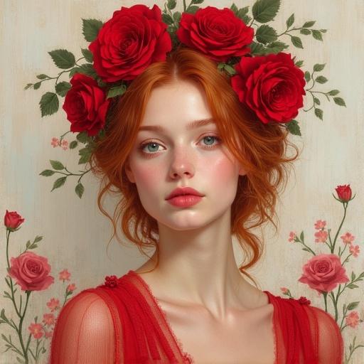 Portrait of a woman with red roses in her hair. She has red hair and wears a sheer red garment. Her skin appears flawless as she gazes softly at the viewer. The background features pale colors with floral patterns.