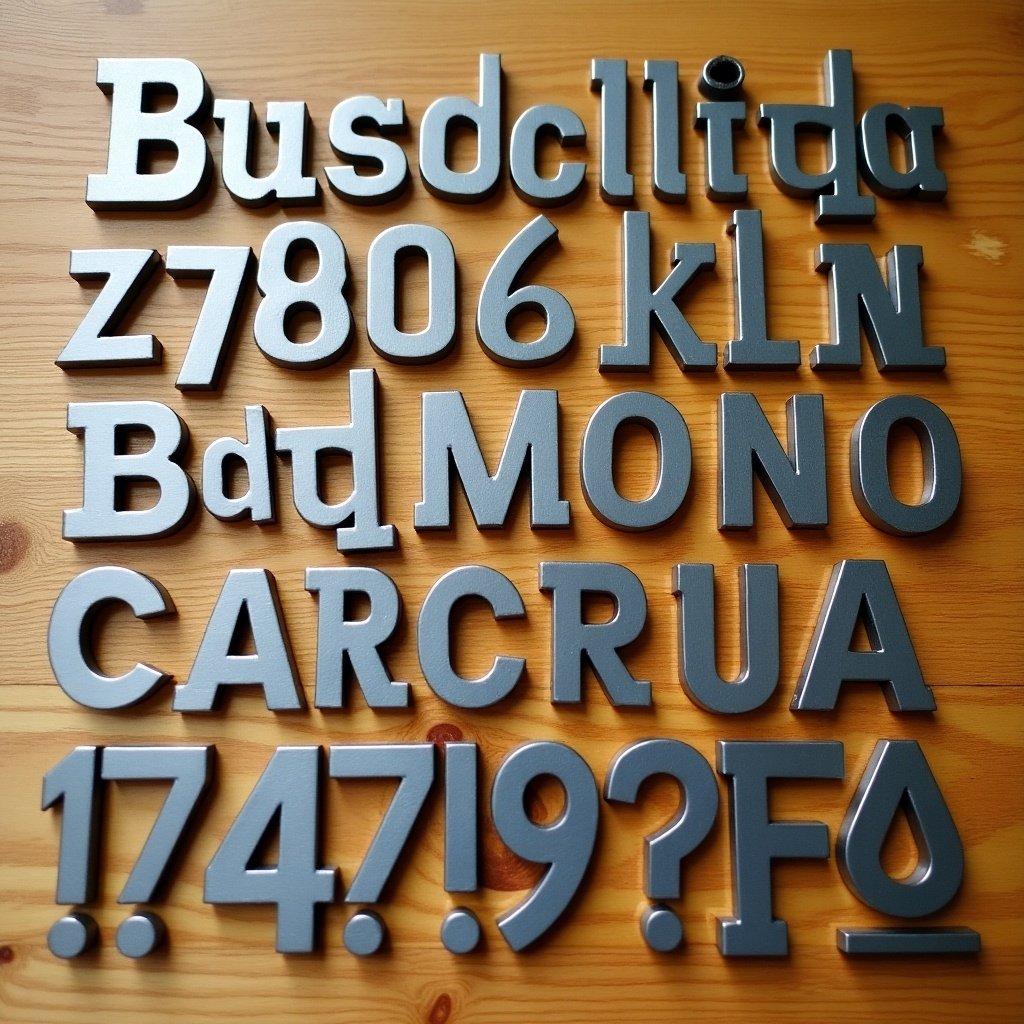 The image shows various metal letters and numbers placed randomly on a wooden surface.