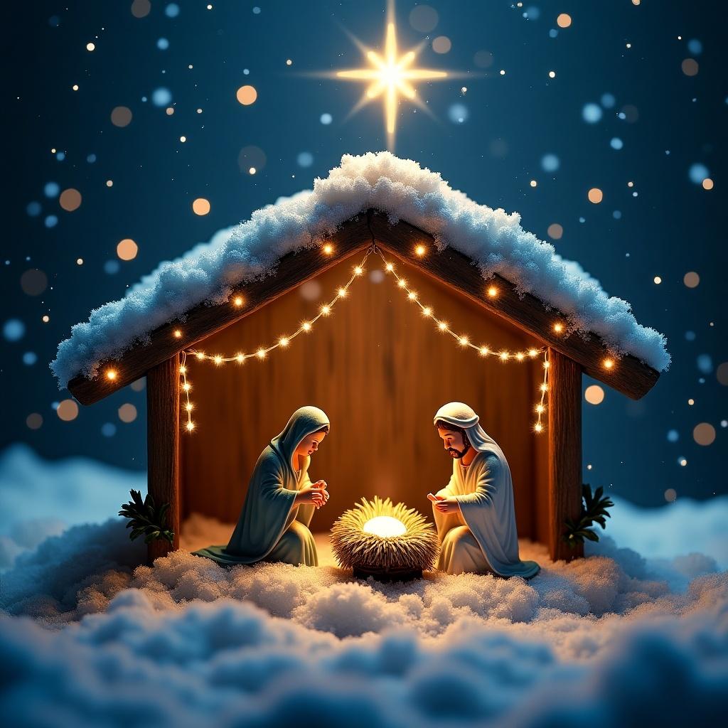 A Christmas manger scene surrounded by snow. Twinkling lights illuminate the Holy Family with a shining star above.