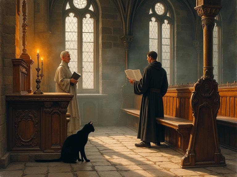 An anxious black cat crouching near the altar of a smoky stone church as a friar reads a papal bull to a traveler. Candlelight casts long shadows across carved wooden pews. The setting evokes a late-15th-century illuminated manuscript miniature with fine details and textures.