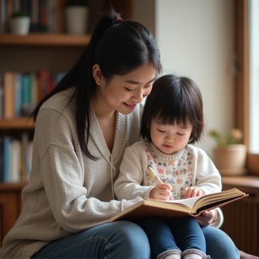 A Korean child learning while sitting on a teacher's lap. The child is engaged in a reading activity. The setting includes a cozy room with bookshelves in the background.