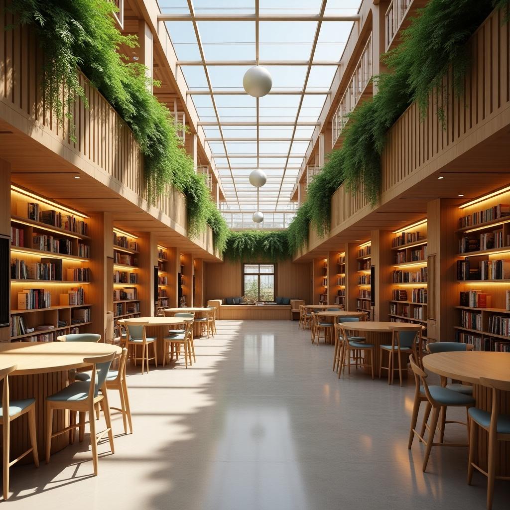 The interior of a modern library with wooden shelves and tables. Plants hang from the ceiling. Sunlight floods through a glass roof. It has a spacious and inviting atmosphere.