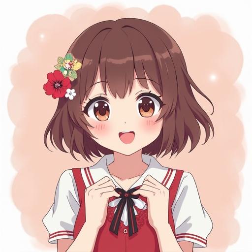 Anime girl with a cheerful expression wearing a red dress. Flowers adorn her hair. She is smiling and holding a bow.