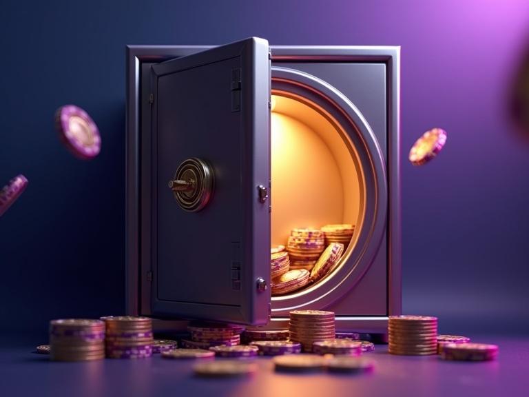 A massive 3D security vault with metallic finish is seen with a circular lock. The vault door cracked open unleashes golden light. Interior coins shimmer. Floating poker chips are mid-spin and reflect violet and gold highlights. Background gradient is midnight blue to royal purple. Horizontal motion blur creates movement effect. Strong directional lighting from left and shallow depth of field enhance cinematic feel.