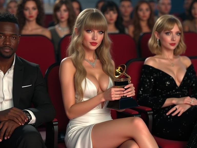 Photorealistic portrayal of a young woman in a white dress at an award show. She holds an award and sits in a crowded audience. She displays a happy expression. Background features other spectators. Emphasizes glamorous fashion and excitement of the event.