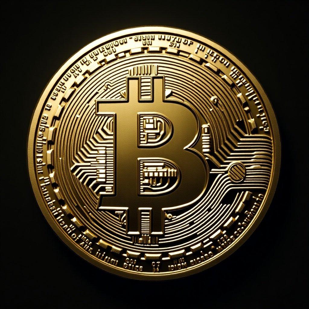 Image of a Bitcoin coin with intricate details and a shiny gold finish against a dark background.