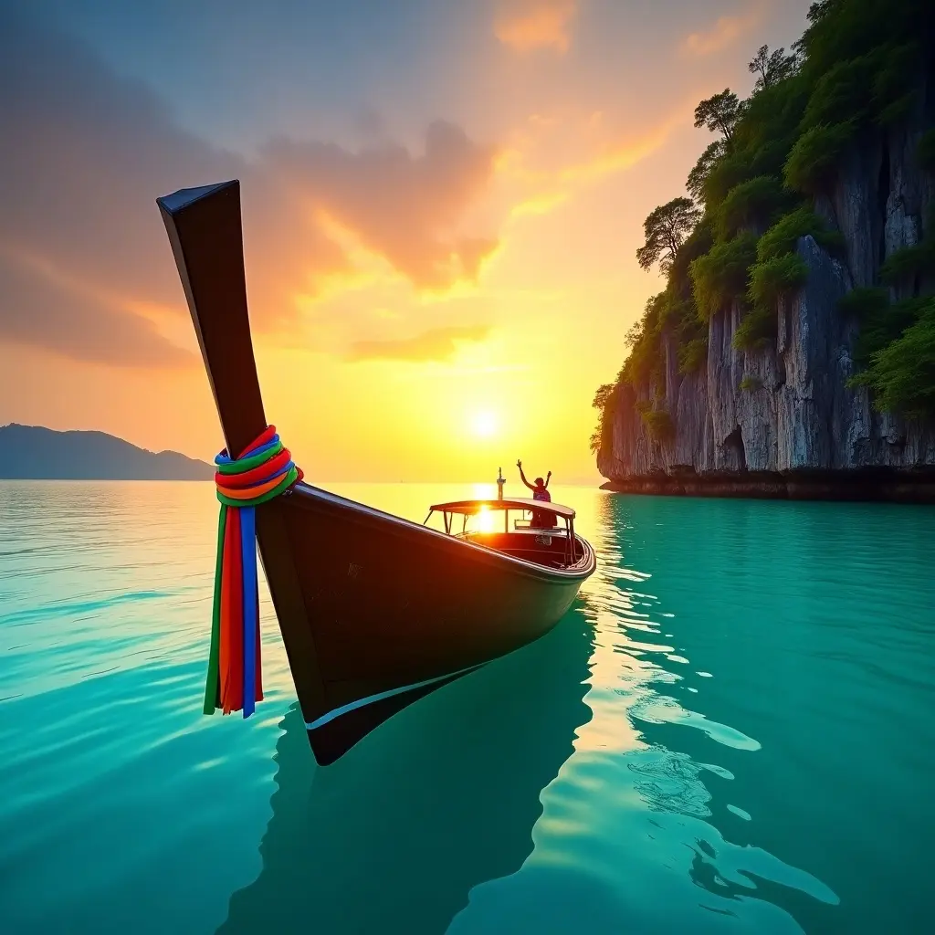 Vibrant sunset scene with traditional longtail boat in calm turquoise waters. The sky is filled with orange, yellow and hints of pink. Dramatic rocky island on the right with lush greenery.
