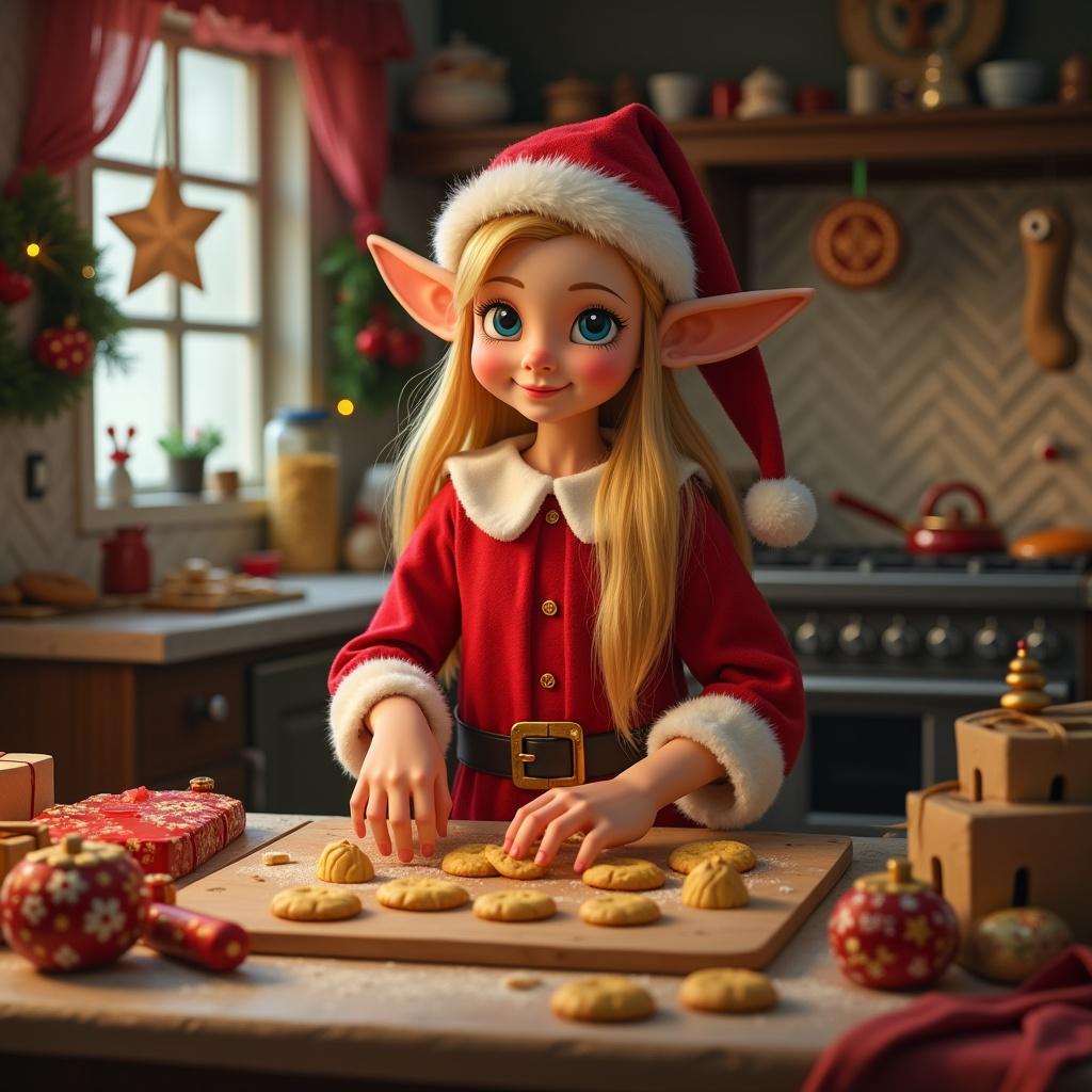 Christmas elf in a festive kitchen preparing cookies. Elf wears a red outfit and has long blond hair. Kitchen decorated for Christmas with warm lighting and cheerful ambiance.