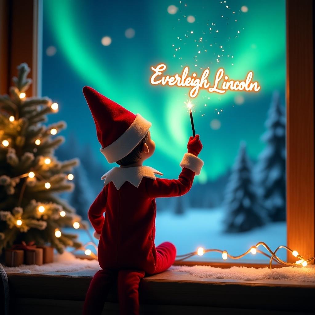 An enchanting Christmas scene featuring an elf on the shelf, who is facing the sky with his back to the viewer. The elf, dressed in red and white, wields a magic wand, writing 'Everleigh, Lincoln' in a glowing script above him. The backdrop is adorned with vibrant northern lights, adding a magical ambiance. The scene is festive, portraying the spirit of Christmas with a whimsical twist. The elf's position and action create a sense of wonder and excitement that captures the joy of the holiday season.