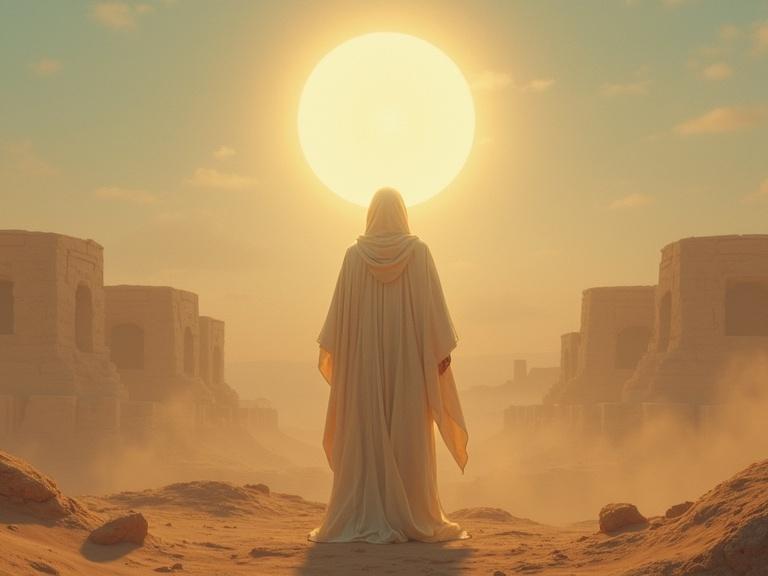 A mysterious ancient figure stands in a desert landscape. A glowing halo surrounds the figure. Faded biblical ruins are in the background. The scene uses soft pastel colors. The aspect ratio is 9:16.