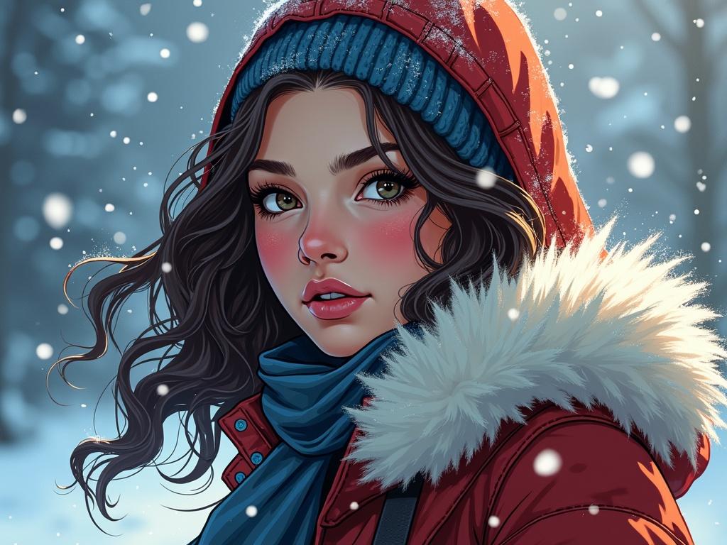 An illustration of a young woman in a snowy setting. She has rosy cheeks and snow-dusted hair. Wearing a fur-lined cloak with a hood. Looking directly at the viewer with sparkling eyes. The background features falling snowflakes. The lighting emphasizes her face and garment with a cinematic composition