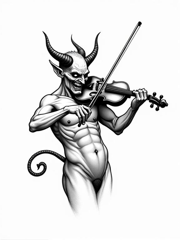 line art tattoo design of a terrifying devil playing the violin muscular build demonic horns evil toothy grin hollow glowing eyes haunting expression tail coiled around violin bow mid-stroke unnatural grace detailed violin minimal shading smooth tense musculature no background dark ink tattoo bold linework minimalist horror-themed body art