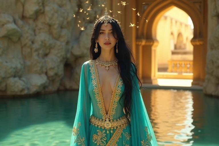 Princess in turquoise Arabian dress with gold embroidery. Black shiny hair. Bold headpiece. Surrounded by fairies. Reverent expression. Camera view from behind at the golden door.