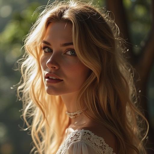 Image depicting the Italian beauty ideal for models showcasing a woman with blonde hair and natural beauty features outside in soft lighting