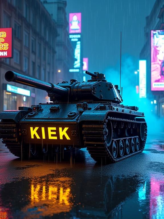 Cyberpunk themed tank features wheels made from HNBR timing belts. Reinforced with fiberglass for durability. Wheel surface resembles automotive timing belts. Neon yellow Kiek logo on chrome rims reflects in rain. Matte black tank body with chrome spikes shows raindrop trails. Neon blue lights highlight armor seams. Smoke billows from exhaust vents in a dark alley. HNBR treads leave marks on wet pavement. Sparks from friction add intensity to the scene. DAkkS GERMANY seal on rims signifies precision. Backdrop includes decaying buildings and dynamic shadows.