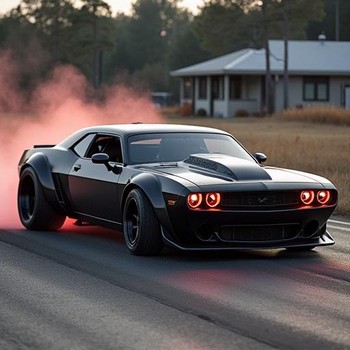 A powerful diesel-electric muscle car on an open road. The car is black with a sleek design and glowing red lights. Smoke is rising from the tires as it accelerates. Surrounded by trees and a distant house.