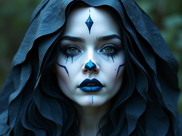 A beautiful arrangement of 100 layered origami paper folds made from titanium. The scene occurs at night showcasing soft focus with a panoramic view. Focus on intricate details and layered texture. Cobalt lips and white face paint enhance the features. Long lashes and dark hair complement the artwork. Artistic depiction highlighting creativity in stationery.