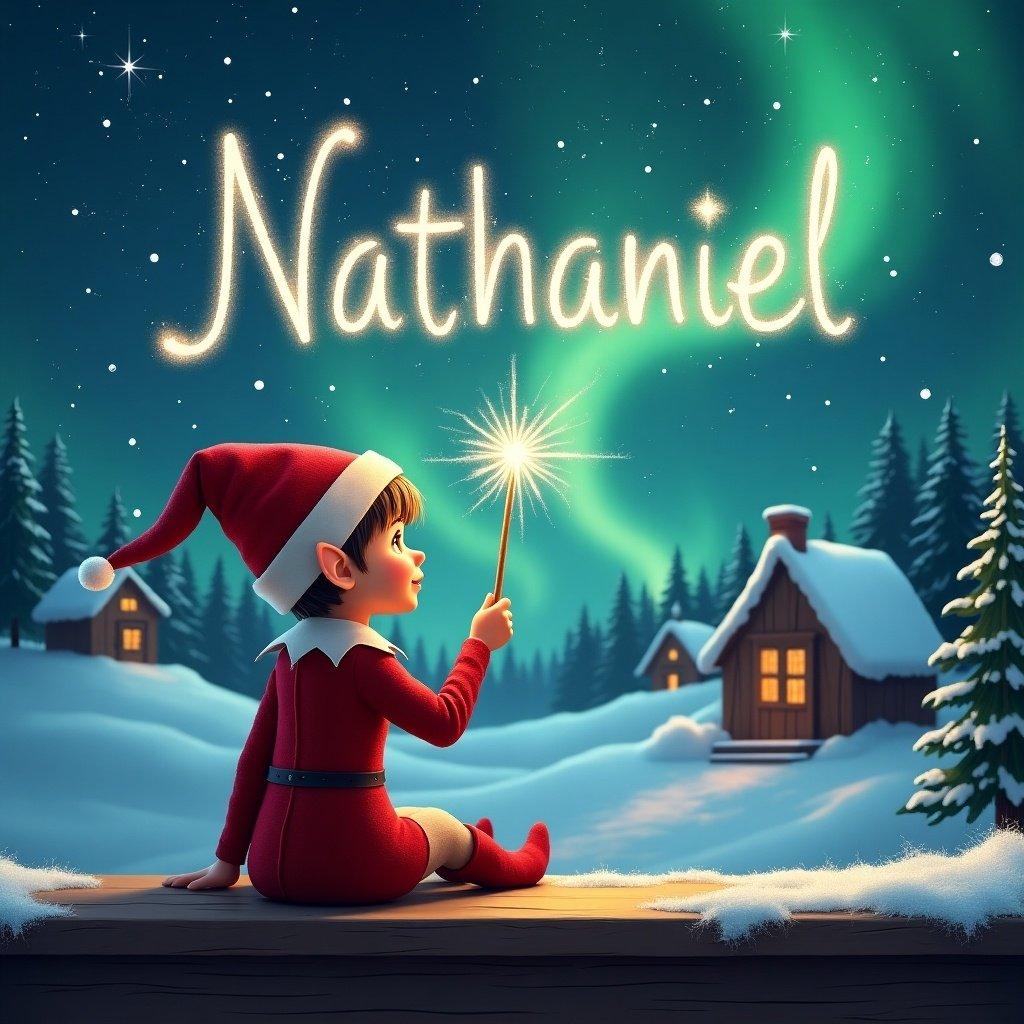 An elf dressed in a red outfit sits on a wooden ledge. The elf gazes at a magical sky holding a sparkling wand. The elf writes the name 'Nathaniel' in the night sky. The background shows a snowy landscape with charming houses and evergreen trees under the Northern Lights. A whimsical scene depicting Christmas cheer.