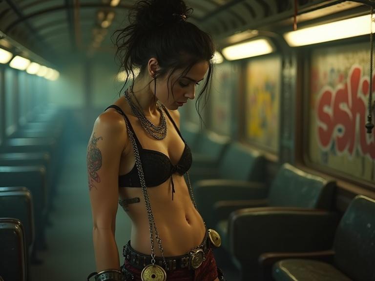 Steampunk erotic woman poses in a subway. Wears a skimpy top and shorts with chains. Hair styled in a messy bun. Graffiti-covered walls in Victorian train.