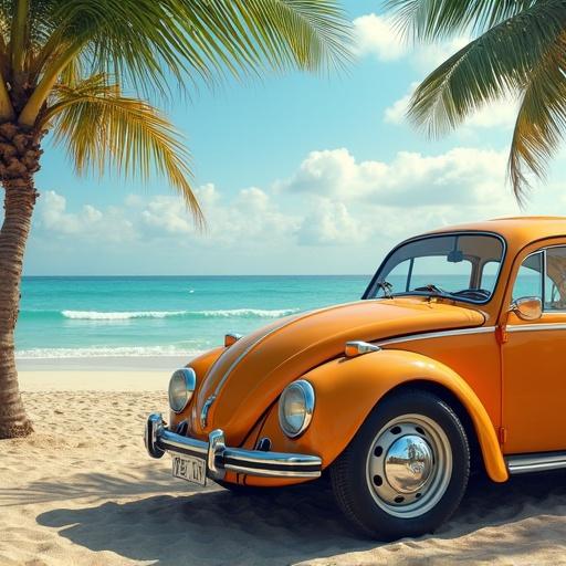 Image shows a vintage orange car parked on a sandy beach. The scene features clear blue sky and calm ocean waves in the background with palm trees enhancing the summer holiday vibe.