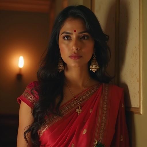 Bollywood film scene featuring a concerned woman wearing a red sari with gold jewelry. Expressions indicating worry or anxiety. Warm lighting enhances her beauty and emotional state.