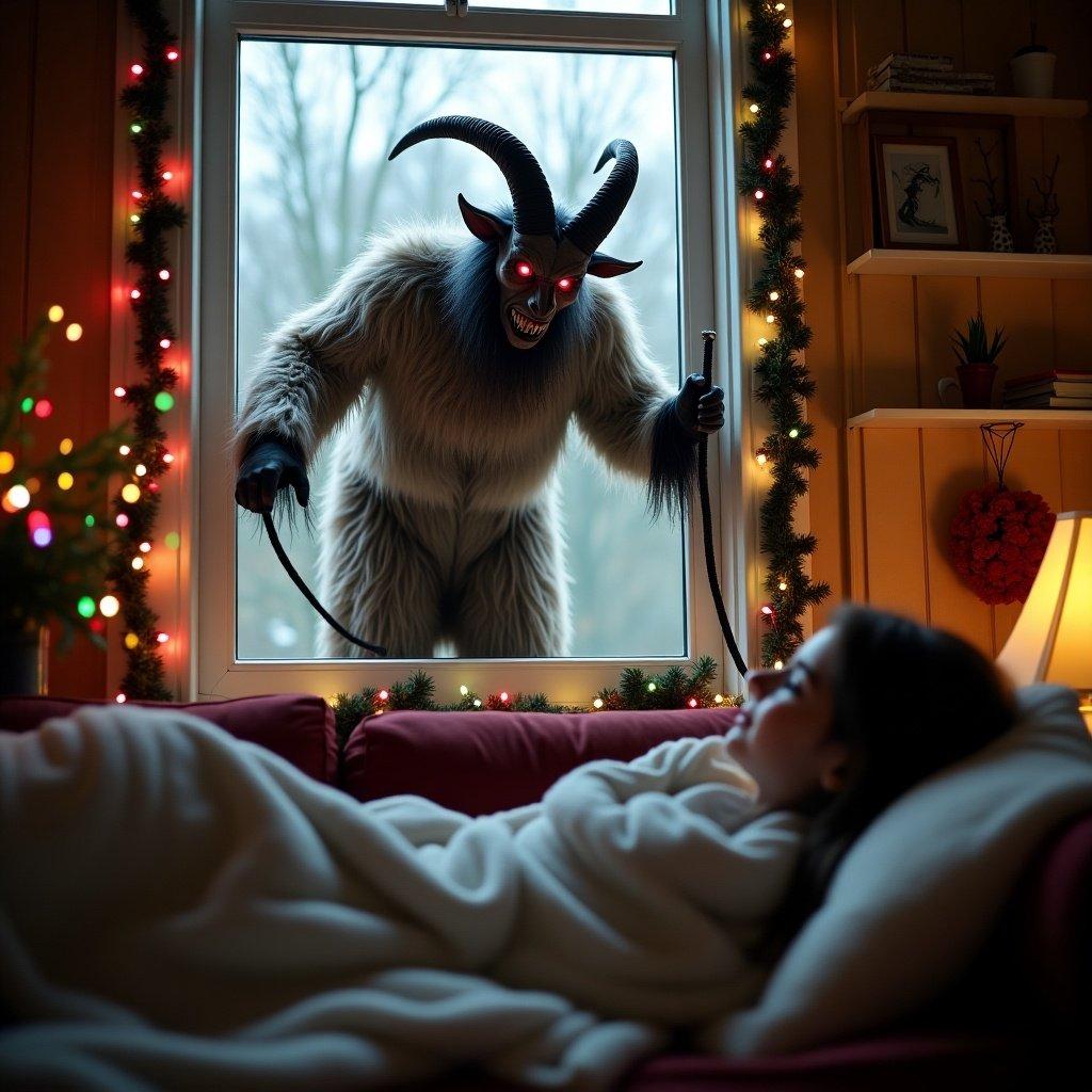 An image of a Krampus monster with furry costume and goat-like features, holding a black whip, entering a window. Inside view shows a girl with brown shoulder-length hair wearing glasses, resting on a couch under a blanket. Decorated with colorful Christmas lights and adornments.