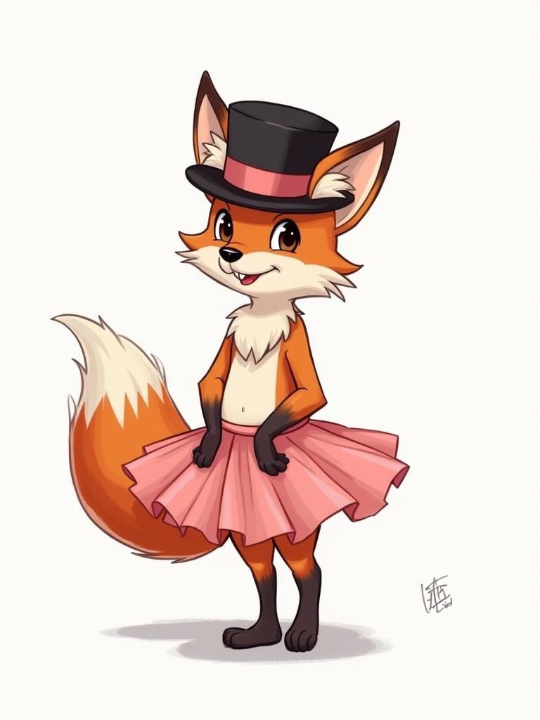 Illustrate a fox in a bowler hat and pink ballet tutu. The character has an expressive face with a smile. The fox is standing upright with hands on its hips. No background.