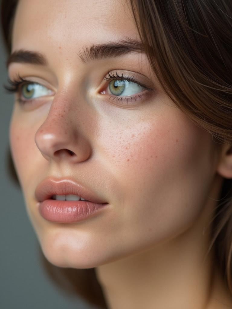 Close-up shot of a woman's face focuses on her left eye and cheek. She has smooth skin with freckles. Eye color is light green and lips are soft pink. Head is slightly turned to the right. Lighting emphasizes facial features and skin texture.