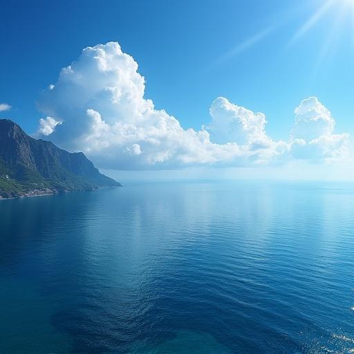 A vast ocean with a clear blue sky. Beautiful clouds float in the atmosphere. Sunlight glistens on the water's surface. The ocean and the sky merge at the horizon. Mountain rises from left.