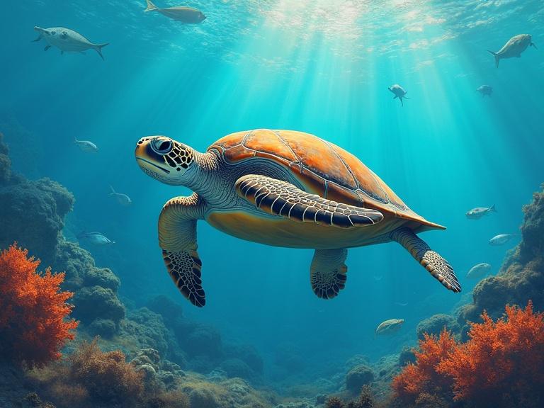 A clear underwater scene depicting a giant turtle facing the viewer. The background includes vibrant aquatic life with corals and colorful fishes. The image captures sunlight rays shining through the water creating a serene atmosphere.