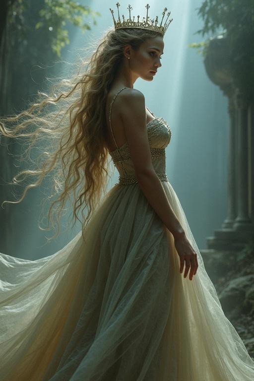 A majestic woman stands gracefully in a long flowing dress. She wears a crown with a bright stone in the center. Her hair is styled intricately. Soft light and haze surround her figure. The image evokes a sense of fantasy and nobility.