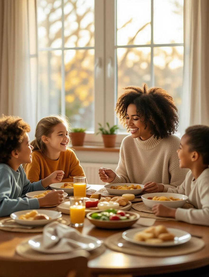 A mother sits with her children around a dinner table. Everyone is smiling and enjoying a meal together. The table is set with various dishes. The atmosphere is peaceful and harmonious. Warm evening light streams through the window, enhancing the cozy setting.